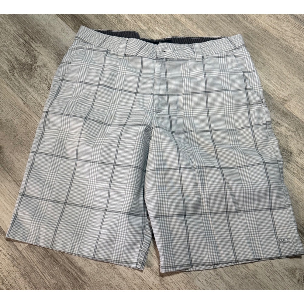 ONeill Mens Plaid Hybrid Walk Shorts Grey White Size 34 Casual Surf Skate